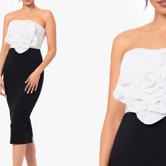 BETSY & ADAM A26628 Sequin Rosette Bodice Colorblock Sheath White/Black NEW $279 - Picture 1 of 6